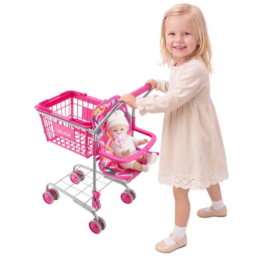 

VEVOR Chariot de Courses pour Enfants, Cadre en Métal, Chariot de Supermarché Jouet Pliable avec Poupée, Siège pour Poupée, Jeu d'Imitation dès 3 ans, 4 Roues Pivotantes, Panier et Rangement Inférieur