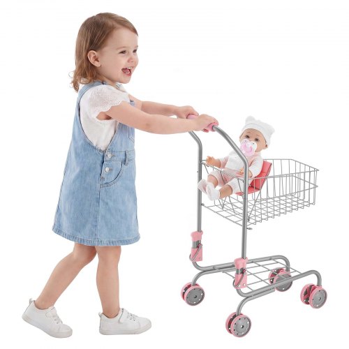 

VEVOR Chariot de Courses pour Enfants, Cadre en Métal, Chariot de Supermarché Jouet avec Poupée, pour Enfants de 3 ans et plus, avec Roues et Panier en Maille Dense, Pliable, Panneau Arrière Relevable