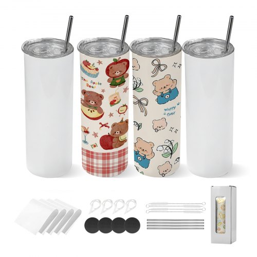 

VEVOR Gobelet à Sublimation Vierge 4PCs 591 mL, Gobelet Isotherme à Personnaliser Droit et Fin, pour Personnalisation DIY, Bouteille Sublimable en Inox, Double Paroi Isolée, avec Couvercles et Pailles