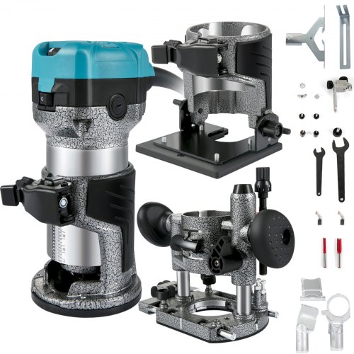 VEVOR Défonceuse Électrique 710 W Affleureuse à Bois avec 3 Bases Fixe Inclinable Plongeante, 13000-33000 tr/min Outil Menuiserie de Routeur Mèches 6 mm+8 mm pour Rainurage Formage Sculpture du Bois