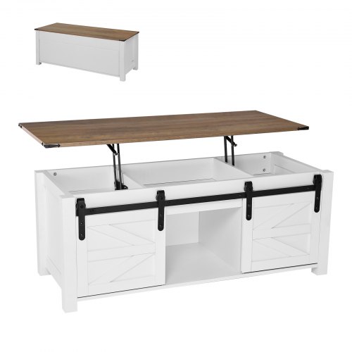 

VEVOR Table basse à plateau relevable rectangulaire, 1200 x 500 x 480 mm, table de salon avec porte de grange et compartiment de rangement dissimulé, pour bureau, maison, blanc et marron rustique