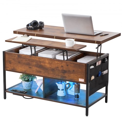 

VEVOR Table basse avec plateau relevable, 1000 mm, table basse de salon rectangulaire avec poche de rangement supplémentaire, table basse rabattable avec multiprise, USB, éclairage d'ambiance, marron