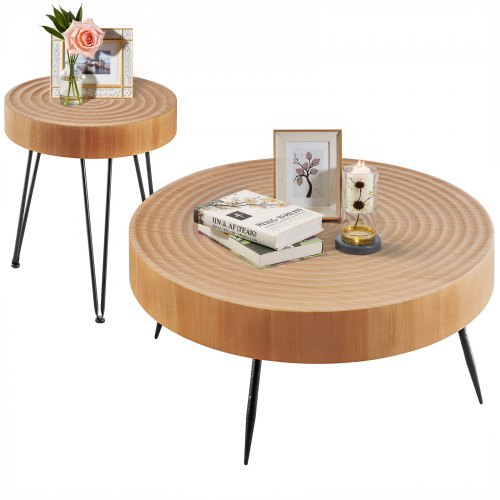 

VEVOR Lot de 2 Tables de Salon Rondes, Table Basse Industrielle de 79,6 x 79,6 x 36,5 cm avec 1 Bout de Canapé de 39,8 x 39,8 x 46,5 cm, avec Pieds en Métal, Meuble pour Bureau, Salon et Appartement