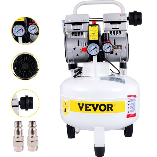 VEVOR Compresseur d'Air 25L Compresseur Silencieux sans Huile 750W Compresseurs à Air Comprimé Acier Allié 58dB 1440 tr/min 165L/min 2 Buses Réparation Domicile Outils Pneumatiques 43,5x43,5x60cm