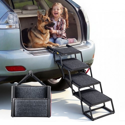 

VEVOR Escalier pour Chien Voiture 4 Marches pour Chien Pliables pour SUV, Camions, Lits Hauts, Canapés, Animaux de Compagnie Charge 90,72 kg, avec Surface Antidérapante, Extra-large, Portable, Léger
