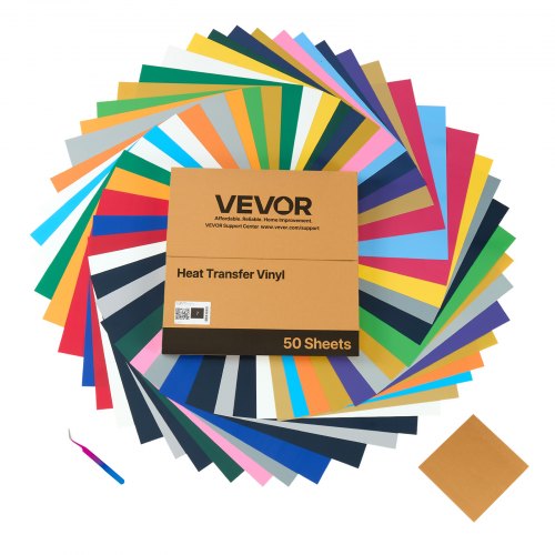 

VEVOR Feuille Vinyle Thermocollant Lot de 50PCs 30,48x30,48 cm, Flex Thermocollant Multicolore, Facile à Découper et à Désherber, avec Accessoires, HTV Compatible avec Machine de Découpe, T-shirts