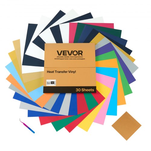 

VEVOR Feuille Vinyle Thermocollant Lot de 30PCs 30,48x30,48 cm, Flex Thermocollant Multicolore, Facile à Découper et à Désherber, avec Accessoires, HTV Compatible avec Machine de Découpe, T-shirts