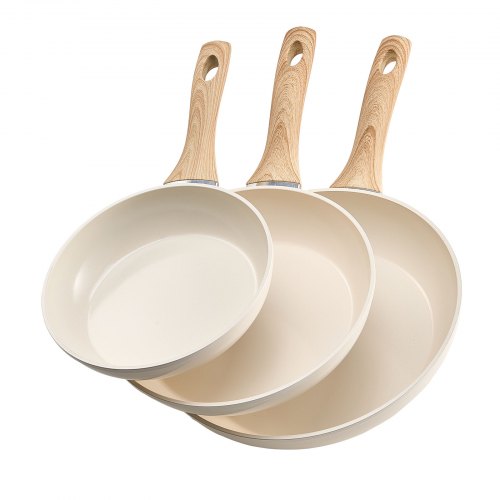 

VEVOR Poêle en Aluminium Lot de 3PCs 20/24/28 cm, Sauteuse en Céramique Antiadhésive avec Poignée Résistante à la Chaleur, Ustensiles de Cuisine Restaurant, pour Gaz, Électrique, Induction, Beige