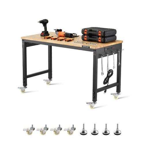 

VEVOR Établi Atelier Garage 1220 mm Table de Travail sur Roulettes à Hauteur Réglable, Capacité de Charge 907,2 kg avec Prise de Courant, Panneau Perforé, Établi Robuste en Chêne pour Bureau, Maison