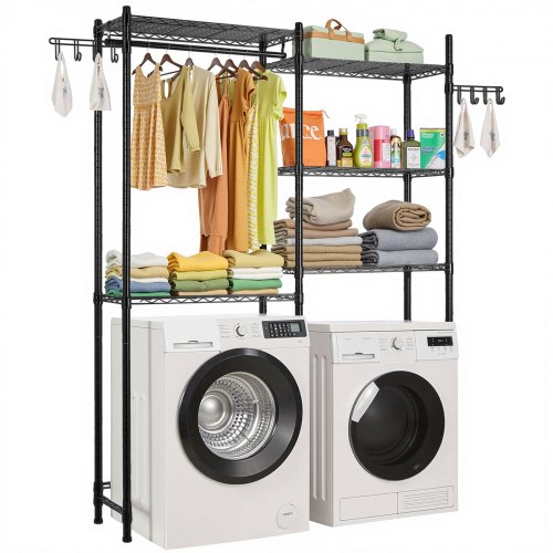 

VEVOR Étagère de rangement pour lave-linge et sèche-linge à 5 niveaux, étendoir à linge avec tringle et crochets, étagères réglables à deux rangées, gain de place, pour buanderie, salle de bain, noir