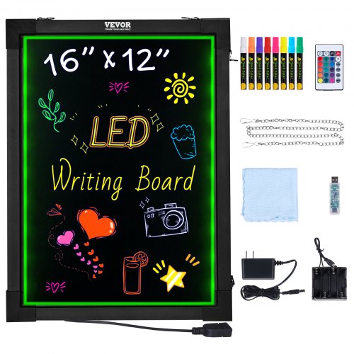 

VEVOR Tableau d'écriture de messages LED, 405 x 302 mm, tableau de menu noir effet néon effaçable éclairé avec 8 marqueurs de craie fluorescentes et télécommande pour la maison, la boutique de mariage