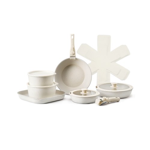 

VEVOR Batterie de cuisine, 17 pcs, ensemble de casseroles et poêles à induction avec revêtement anti-adhésif, poignée amovible et couvercles en verre trempé, passe au four, pour camping-car, blanc