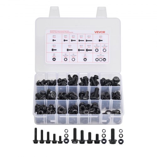 

VEVOR Kit Boulons et Écrous, 280 PCS, Vis de Machine et Rondelles Plates, Métriques Classe 10.9, Acier Allié, Plusieurs Tailles M6/M8/M10, pour Assemblage de Meubles, d'Équipements, de Véhicules, Noir
