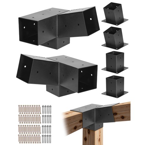 

VEVOR Kit Support de Pergola, Lot de 6, Support de Poteau Bois 92x92 mm, 2 Supports d'Angle 3 Voies, 2 Bases de Poteau, 2 Bases Murales, pour Poutres Bois Standard Toit Incliné, Banquet Fête Plein Air
