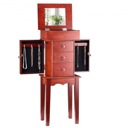

VEVOR Armoire à bijoux sur pied en bois, coffre rangement à bijoux avec 3 tiroirs, miroir rabattable, 4 compartiments rangement supérieurs, poignées, 2 portes latérales avec 6 crochets pour colliers