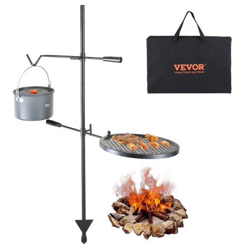 VEVOR Grille de Feu de Camp Pivotante avec Poteau 122,5 cm Grille de Camping 2 Couches 1 Filet en Di