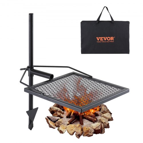 VEVOR Grille de Feu de Camp Pivotante avec Poteau 71 cm Grille de Camping 1 Filet en Diamant 40,5x40