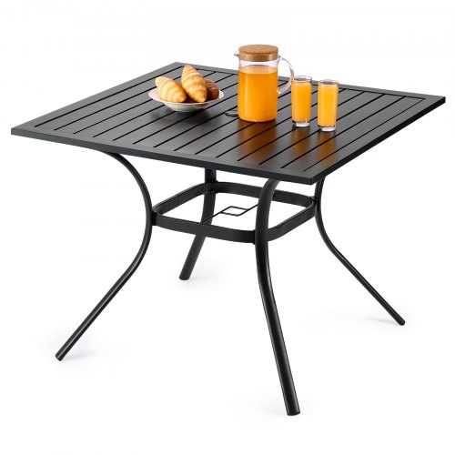 

VEVOR Table à manger pour patio extérieur 940 mm, table de bistrot carrée en acier et métal pour 4 personnes, avec trou pour parasol de 38 mm, grand meuble toutes saisons pour jardin, véranda, noir