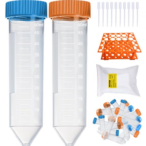 VEVOR Tubes à Centrifuger Coniques 50 mL 500 PCS Tubes à Essai Centrifugeuse avec Bouchon Gradués Stérilisés PP EO sans DN/RNase Support pour Stockage Séparation Analyse Échantillons Labo Scientifique
