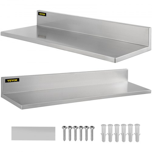 VEVOR Étagère Murale Acier Inoxydable Étagère Murale Flottante Charge de 20 kg Finition Polie Brossée Étagère avec Dosseret pour Restaurant Maison Cuisine Garage Salle de Bain Buanderie et Bar
