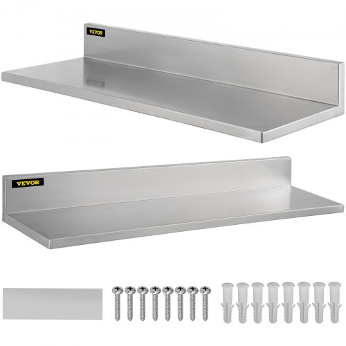 VEVOR Étagère Murale INOX 60x22 cm Étagère Murale Flottante 2 PCS Capacité Charge 20 kg Finition Polie Brossée Étagère avec Dosseret pour Restaurant Maison Cuisine Garage Salle de Bain Buanderie Bar