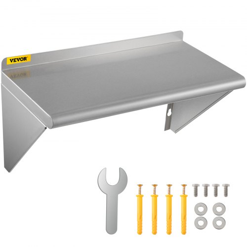 VEVOR Étagère Murale INOX 61x30,5 cm Étagère Murale Flottante avec Support Capacité Charge 50 kg Finition Polie Brossée avec Dosseret pour Restaurant Maison Cuisine Garage Salle de Bain Buanderie Bar