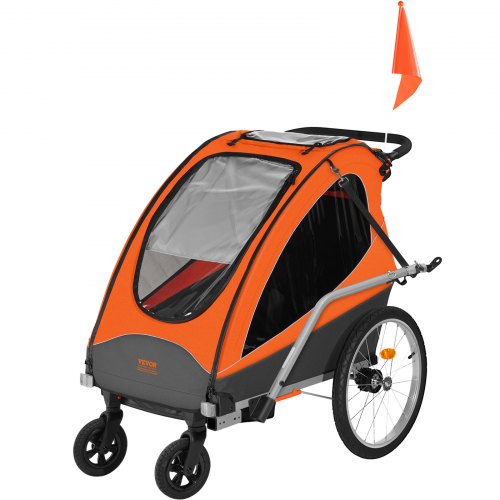 

VEVOR Remorque de vélo pour enfants, siège double, charge 55 kg, porte-auvent 2en1 transformant en poussette, remorque de vélo pliable pour tout-petits avec attelage de vélo universel, orange gris