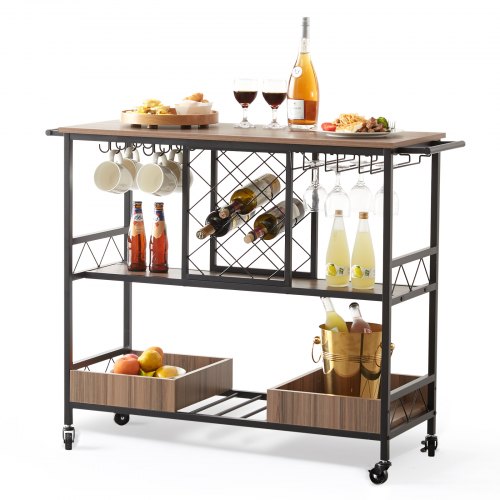 VEVOR Desserte Bar à 3 Niveaux 117x40x91,5 cm Chariot de Service Cadre en Acier Chargeant 136 kg Bar