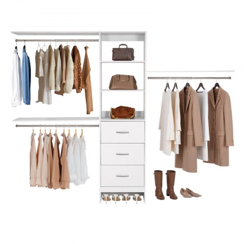

VEVOR Système de placard avec 3 tiroirs, système d'organisation de placard en bois à hauteur réglable, porte-vêtements avec 3 tringles à vêtements rétractables, pour rangement de chambre, blanc