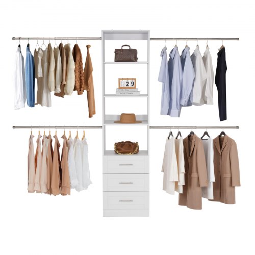 

VEVOR Système de placard avec 3 tiroirs, système d'organisation de placard en bois à hauteur réglable, porte-vêtements avec 4 tringles à vêtements rétractables, pour rangement de chambre, blanc