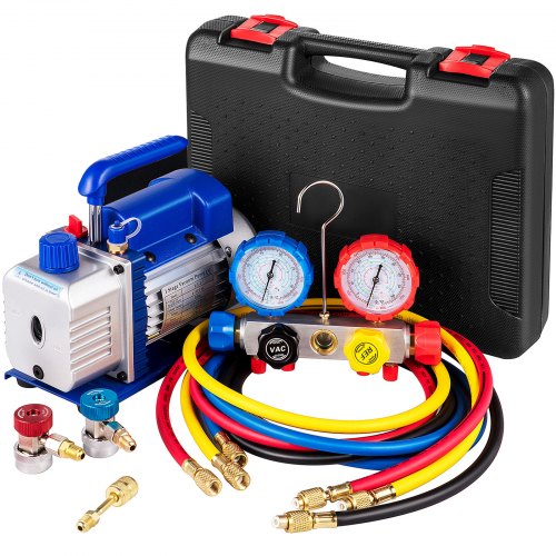 

VEVOR Pompe à Vide Climatisation, 136 L/min, Pompe à Vide Frigoriste CVC 1/3 HP avec Kit Jauges de Collecteur à 4 Voies et Tuyau 1440 tr/min Sac de Transport pour Climatiseur Automobile Réfrigération