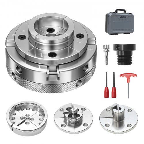 

VEVOR Mandrin de Tour à Bois 100 mm Mandrin de Tour à 4 Mors Autocentrant pour Tournage Bois avec Adaptateur 1 pouce x 8 TPI, 4 Mâchoires Rondes/Étagées/à Broches, Mallette, Acier Haute Dureté Nickelé