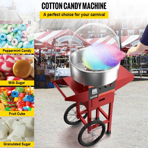 VEVOR Machine à Barbe à Papa 1030W Chariot Couvercle Cotton Candy Maker Réglable 