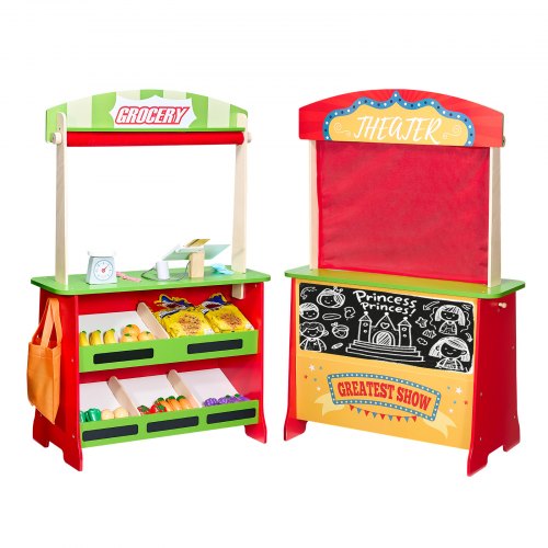 

VEVOR Théâtre de Marionnettes Enfant, 69,5x33,5x102,8 cm, Stand Supermarché Enfants MDF, Marchande Magasin Épicerie Jeu 2 en 1, avec Rideaux, Caisse Enregistreuse, pour Garçons Filles 3 Ans et Plus