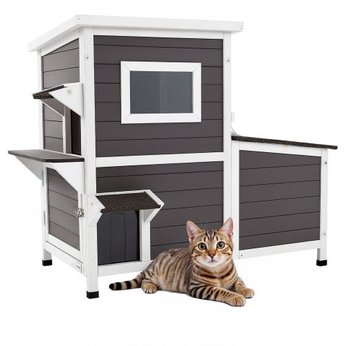 

VEVOR Maison Chat Surélevée, 107 x 63,3 x 86,3 cm, Niche Chat Extérieur 2 Étages, Abri en Bois avec Fenêtre Transparente, Porte à Rabat, Toit en Asphalte, pour Chats Sauvages d'Intérieur d'Extérieur
