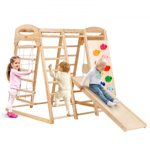 

VEVOR Aire de Jeux Intérieure 7-en-1, Terrain de Jeux en Bois, avec Échelle en Bois et Corde, Échelle en Filet, Balançoire, Barre de Singe, Toboggan, Mur d'Escalade, École, Maison, 122x144x147 cm