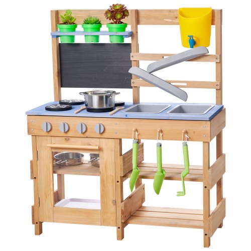 

VEVOR Cuisine à Boue 76,2 cm Cuisine Patouille Extérieur Enfant pour Jouer avec Eau et Sable, en Bois, avec Pots de Plantation, Crochets, Éviers, Pelles, Spatules, Robinet, Casseroles, Accessoires