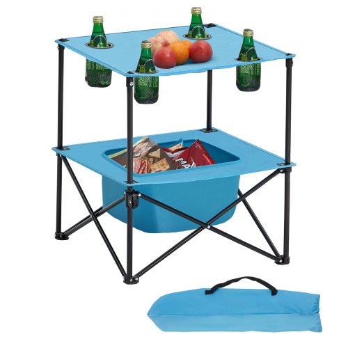 

VEVOR Table Pliante de 56x56 cm, Table de Camping Pique-nique Portable Légère et Compacte, en Tissu Oxford 600D, Imperméable, avec 4 Porte-gobelets et 1 Sac de Transport, pour Voyage, Soirée, Bleu