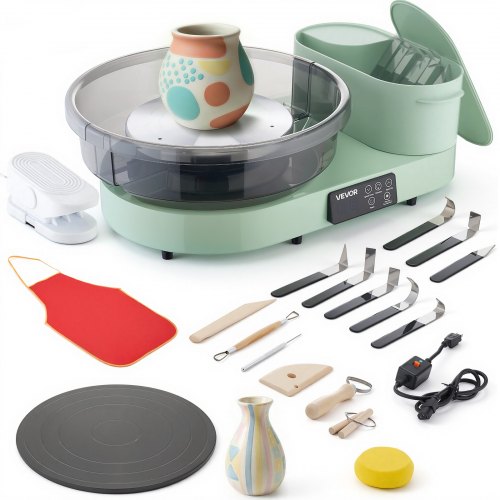 

VEVOR Tour de Potier avec Plateau Tournant de 28 cm et 36 cm, Roue de Poterie Électrique avec Pédale, pour Débutants Loisirs Créatifs en Argile, Vitesse Réglable 30-300 tr/min, Corps en Alu, Verte