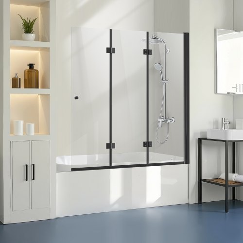 

VEVOR Porte de baignoire-douche sans cadre 1295x1422 mm, pare-baignoire à charnière 3 volets pliable avec porte en verre trempé de 6 mm, conception rotative et pliable à 180°, pour salle de bain, noir