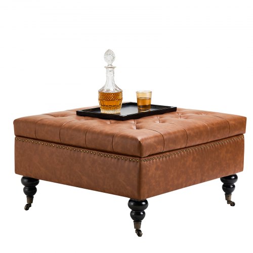 

VEVOR Pouf de rangement carré en cuir, table basse capitonnée et rembourrée avec roulettes, ottomane de rangement en similicuir haute densité, repose-pieds pour salon, chambre, dortoir, marron