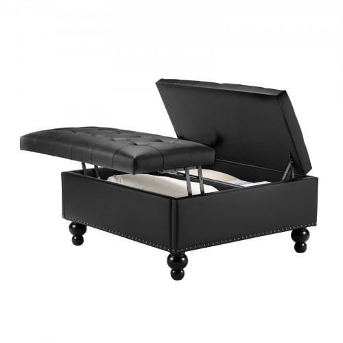 

VEVOR Pouf de rangement carré en cuir, table basse capitonnée et rembourrée avec plateau relevable et rabattable, ottomane de rangement en similicuir haute densité pour salon, chambre, dortoir, noir