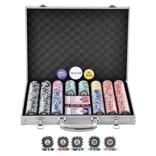 

VEVOR Mallette de Poker 500 Jetons de Poker en Plastiques et Alu 11,5 g 40 x 3,3 mm avec 2 Jeux de Cartes 1 Bouton de Croupier et 2 Boutons Blind pour Blackjack Texas Jeux de Hasard Casino à Domicile