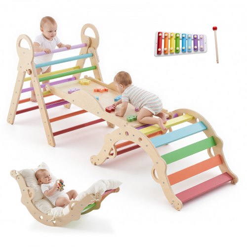 

VEVOR Triangle d'Escalade 9 en 1 en Bois, Triangle de Pikler avec Xylophone, Coussin, Triangle, Arche et Rampe, Parcours Motricité Intérieur Montessori pour Bébé et Enfants, 68 kg Max, Multicolore
