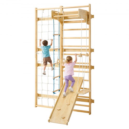 

VEVOR Espalier en Bois Massif, Échelle Suédoise Murale 12 Niveaux, Charge 100 kg, 8-en-1 avec Planche d'Escalade, Anneaux de Gymnastique, Barre de Traction, Échelle Murale, Toboggan et Balançoire
