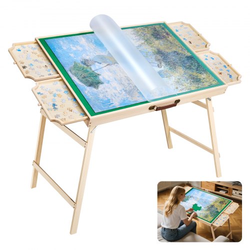 

VEVOR Table de Puzzle 1500 Pièces, Planche de Puzzle 86,5 x 63,5 cm, avec Pieds Pliables, 4 Tiroirs et Couverture, Plateau Casse-Tête Portable en Bois, Inclinaison Réglable sur 6 Angles, Famille