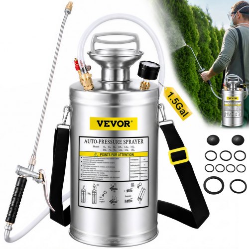 VEVOR 1.5Gal Stainless Steel Sprayer, Set with 16" Wand& Handle& 3.3FT Reinforced Hose, Hand Pump Sprayer with Pressure Gauge & Safety Valve, Adjustable Nozzle Suitable for Gardening& Sanitizing