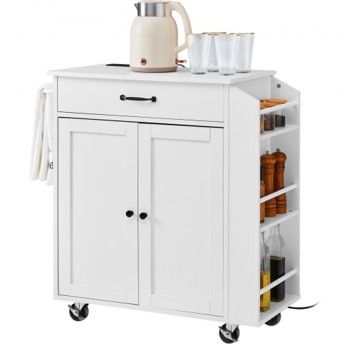 

VEVOR Chariot d'îlot de cuisine, 66 cm, desserte de cuisine mobile avec armoire de rangement, table avec prise de courant, support à épices, barre à serviettes, étagère réglable, pour salon, blanc