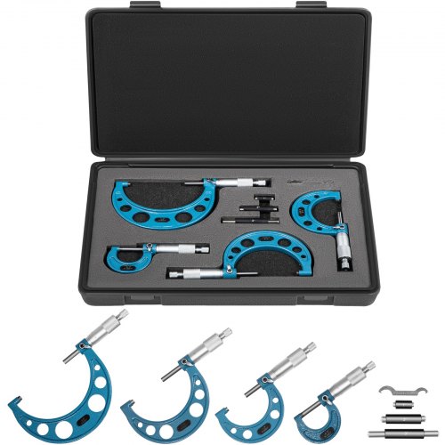 VEVOR Micromètre Extérieur 4PCS 0-4 po Micromètre Mécanique d'Extérieur Précision Échelle 0,0001 po Outil de Mesure du Diamètre Extérieur avec Étalons Clé Étui Palmer Outils de Machiniste de Précision