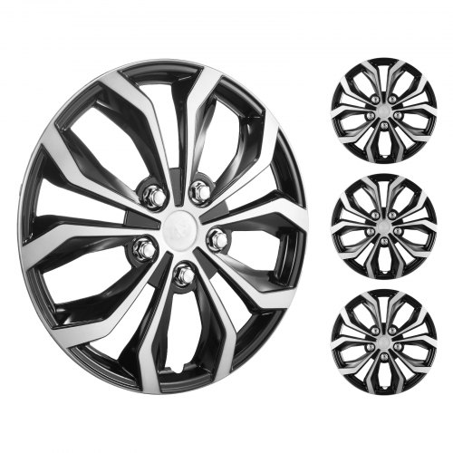 

VEVOR Enjoliveurs de Jante de Roue 38 cm de Diamètre, Couvre-jante en ABS et PC, Résistant aux Rayures, avec Trou de Buse à Pression et Valve, Protection des Roues, Noir et Argent, Lot de 4PCs
